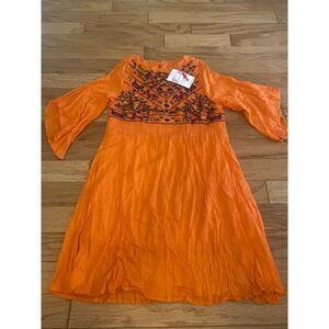 NWT Daizeolii womens orange short bell sleeve embroidered floral peasant dress M